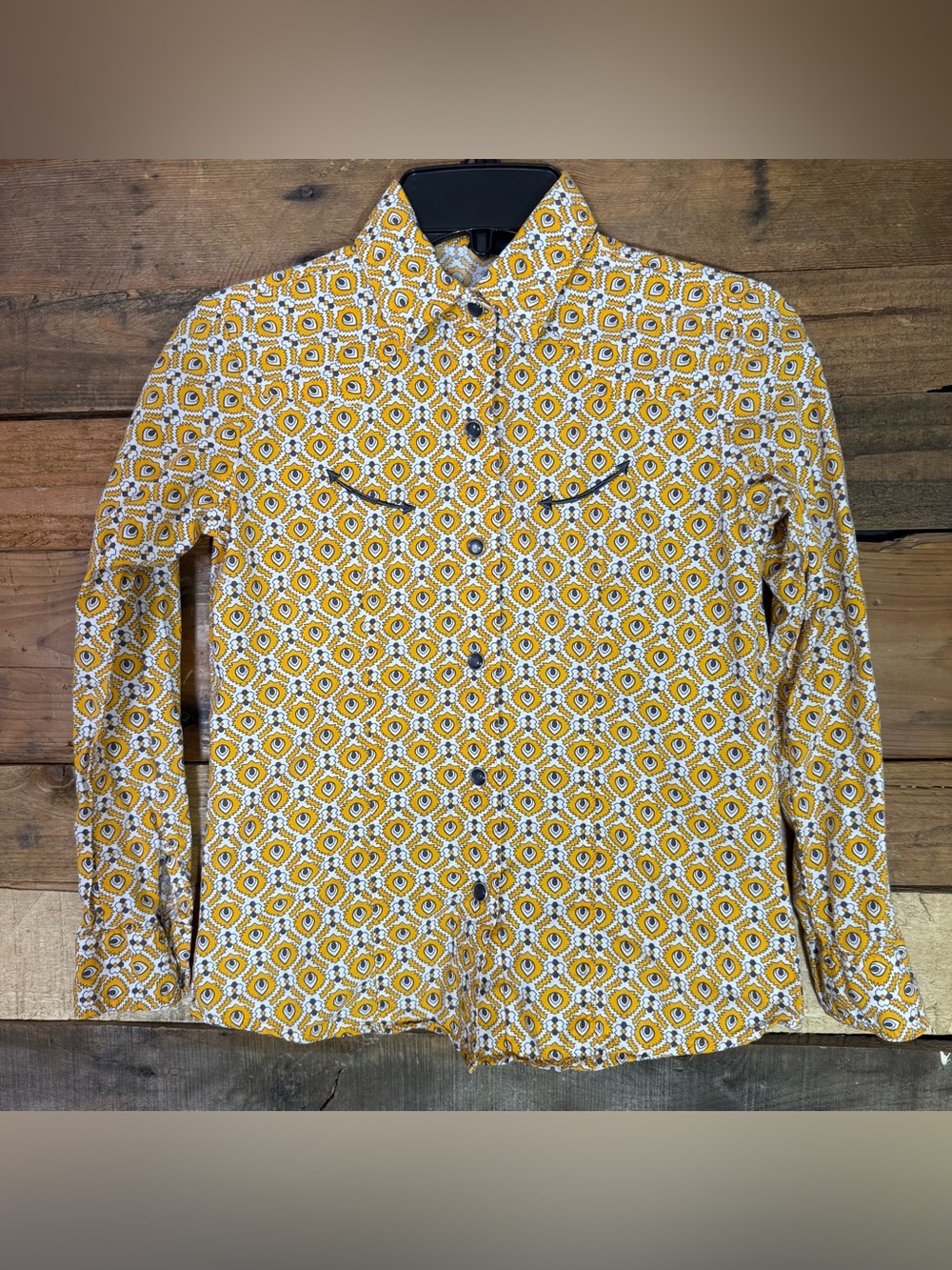 CRUEL GIRL GIRL'S MEDALLION PRINT LONG SLEEVE WESTERN SNAP SHIRT YELLOW S 6/7